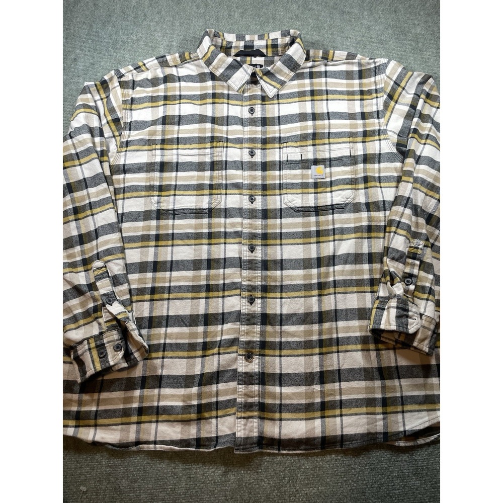 Used CARHARTT Men's 3XL White Black Yellow Plaid Heavyweight Flannel Shirt